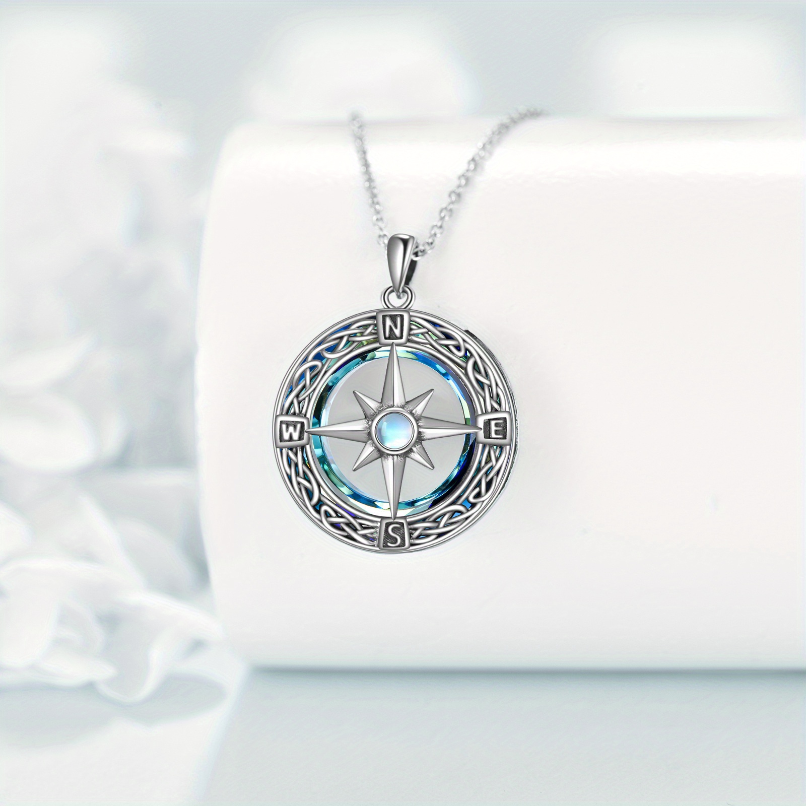 Women's 925 Sterling Silver Celtic Knot Compass Necklace with Blue Gemstone